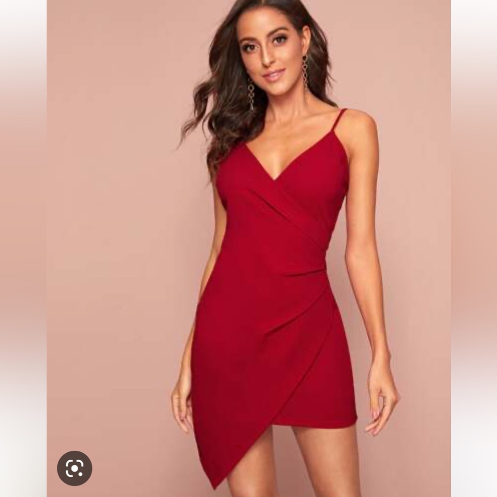 Asymmetrical red V neck wrap dress - size medium